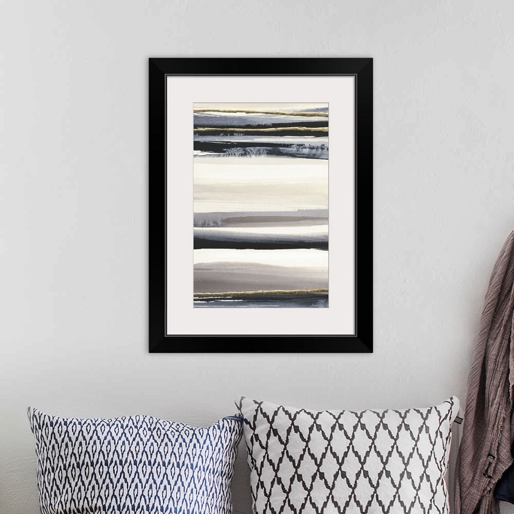 A bohemian room featuring Abstract contemporary painting with horizontal stripes in black, grey, and gold.