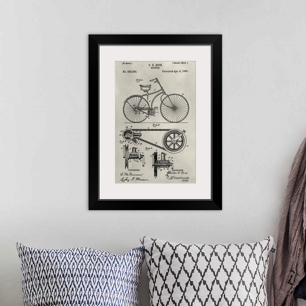 A bohemian room featuring Vintage patent illustration of a bicycle.