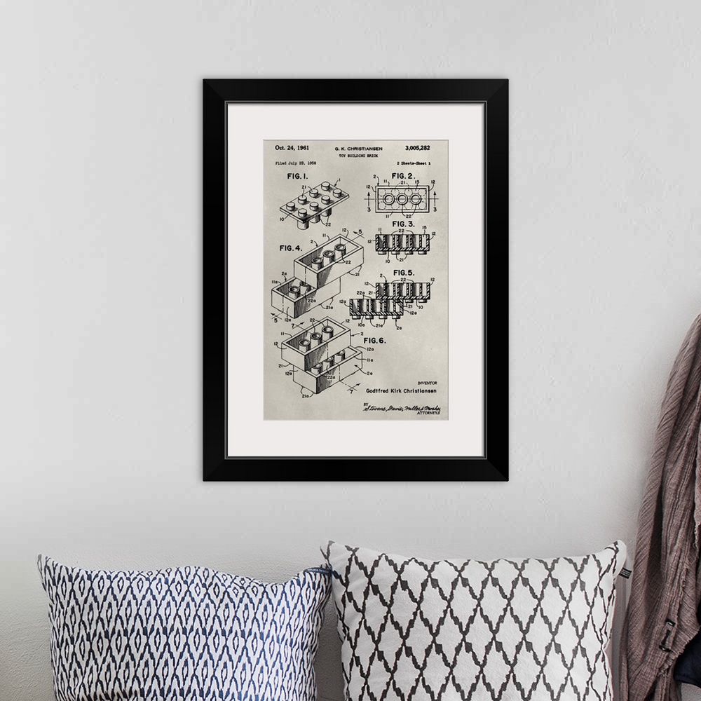 A bohemian room featuring Vintage patent illustration of a lego.