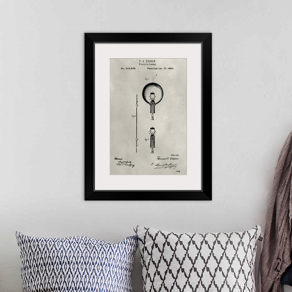 A bohemian room featuring Vintage patent illustration of a light bulb.