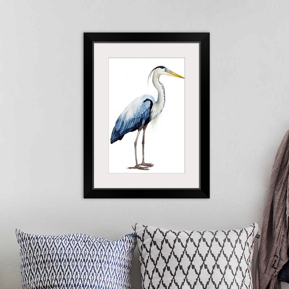 A bohemian room featuring Modern illustration of a great blue heron on a white background.