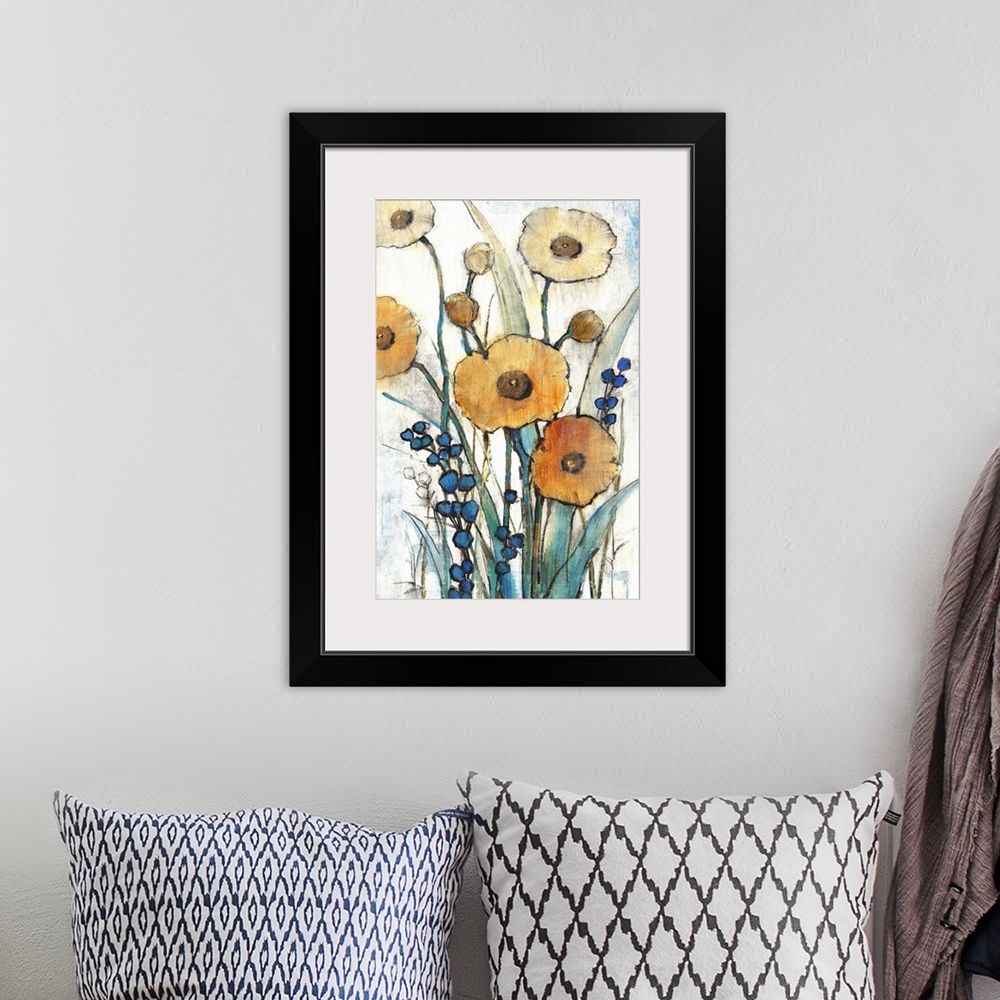 A bohemian room featuring Contemporary art print of poppy flowers in bloom.