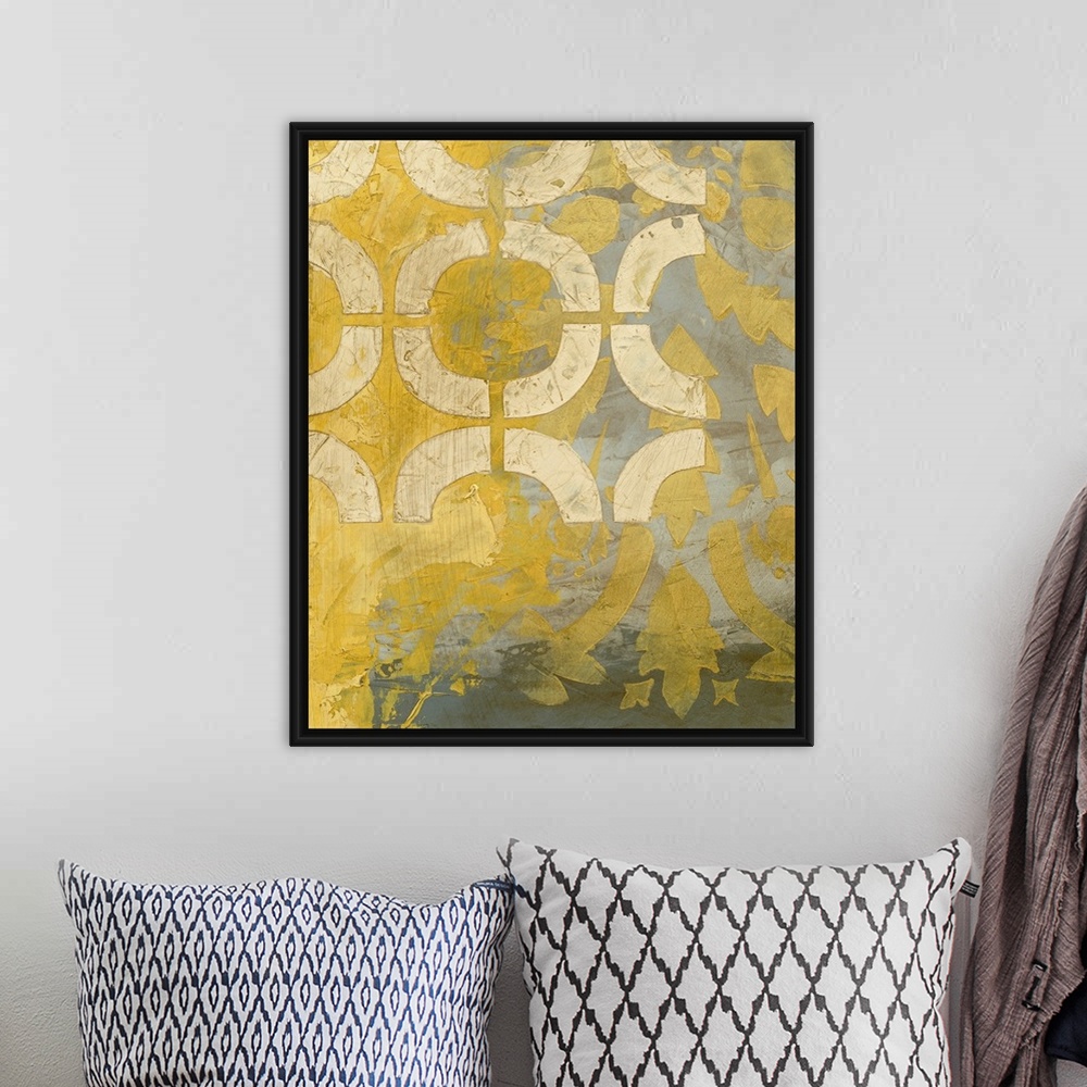A bohemian room featuring Vertical, giant, contemporary wall painting of harsh, thick, yellow brush strokes on a grey backg...