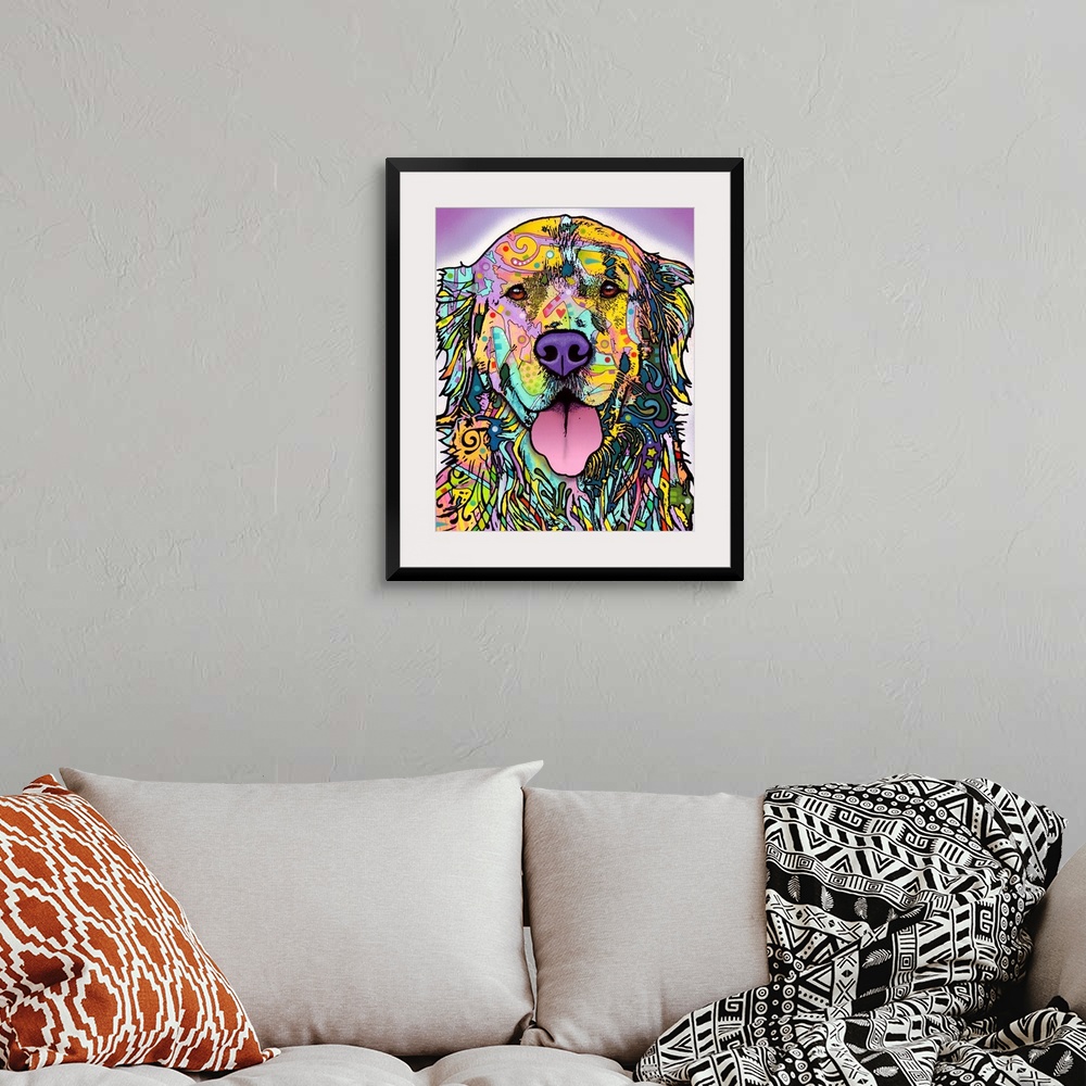 A bohemian room featuring In this abstract portrait of a dog the outline of the animal is filled in with colorful and vibra...