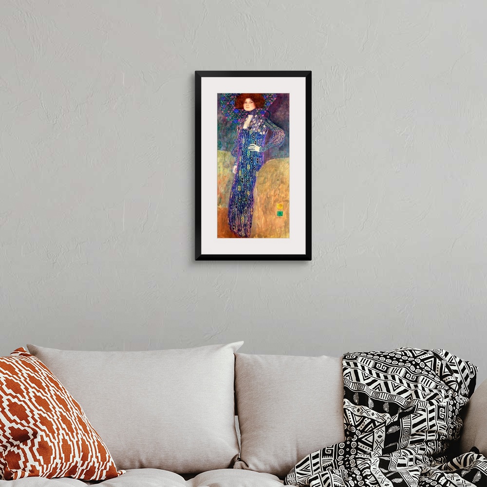 A bohemian room featuring Panoramic classic art displays a woman wearing a dress composed of vibrant cool tones with accent...
