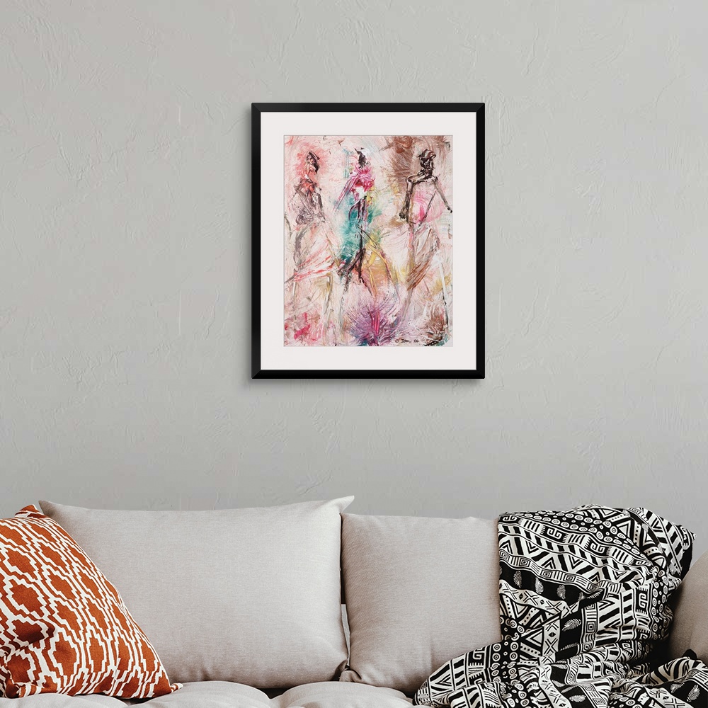 A bohemian room featuring A vertical painting of gestural figures made with fast and simple brush strokes.