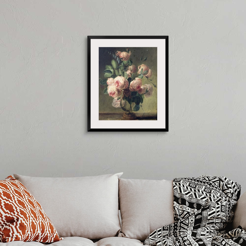A bohemian room featuring This large oil painting is of pink roses coming out of an antique vase with a cracked texture ove...