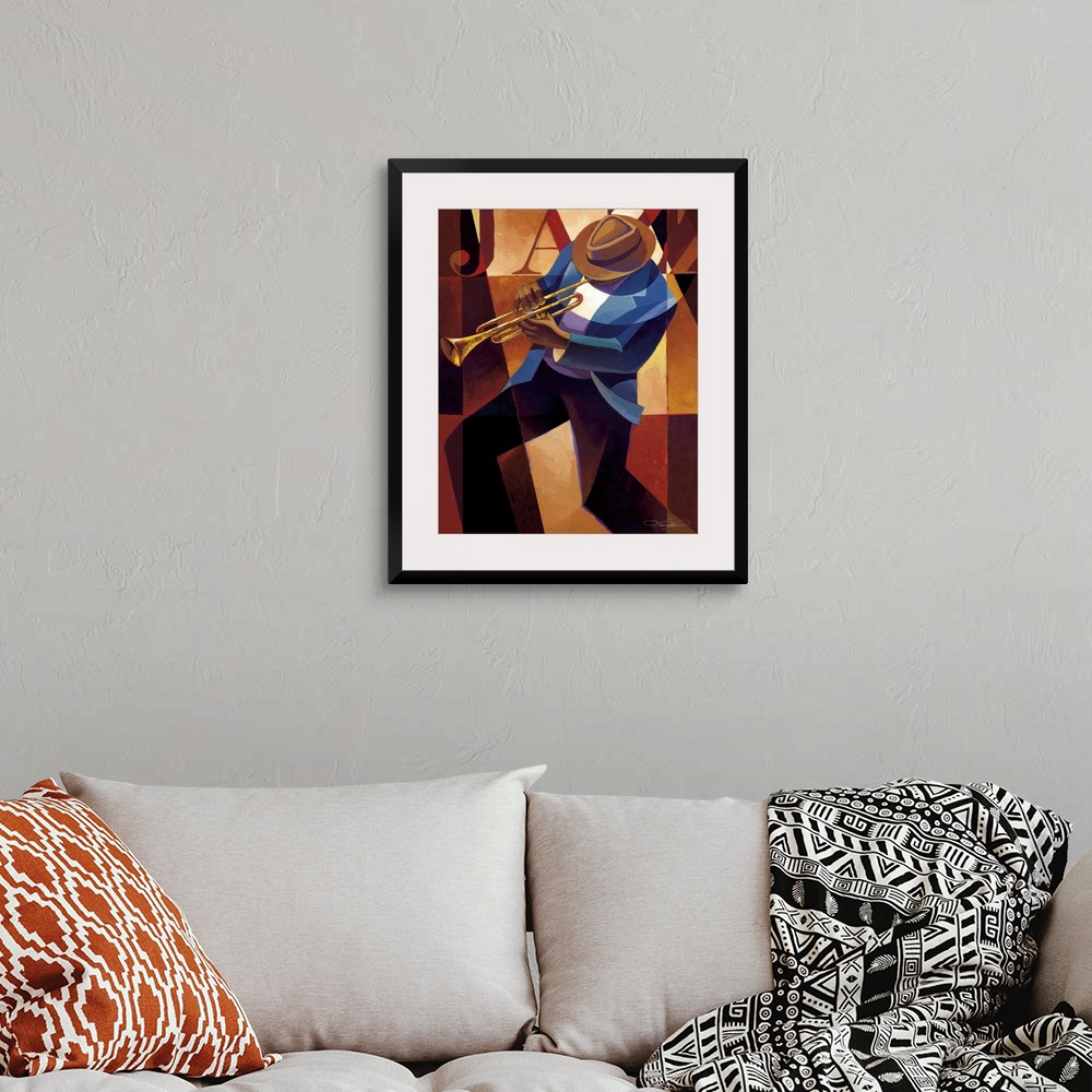 A bohemian room featuring Contemporary painting of a jazz musician playing the trumpet.