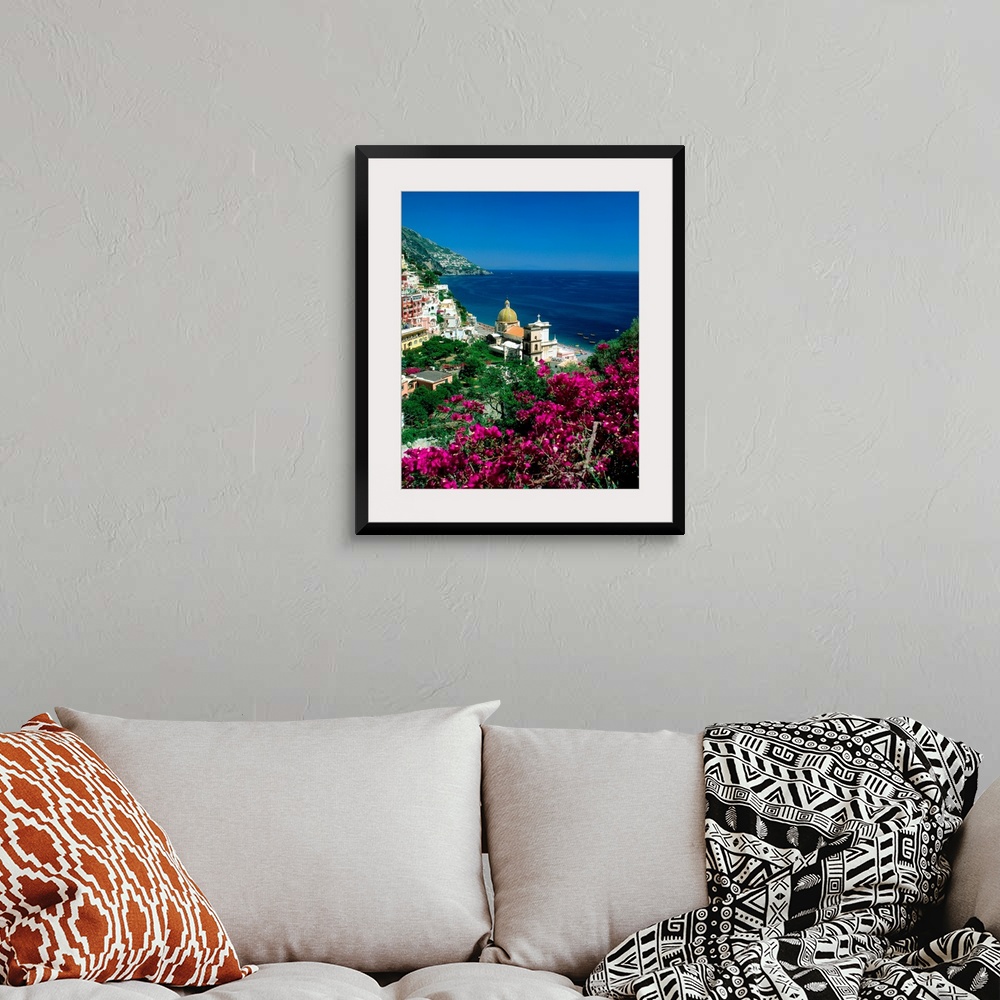 A bohemian room featuring Italy, Campania, Positano, view over town and coast, Amalfi coast
