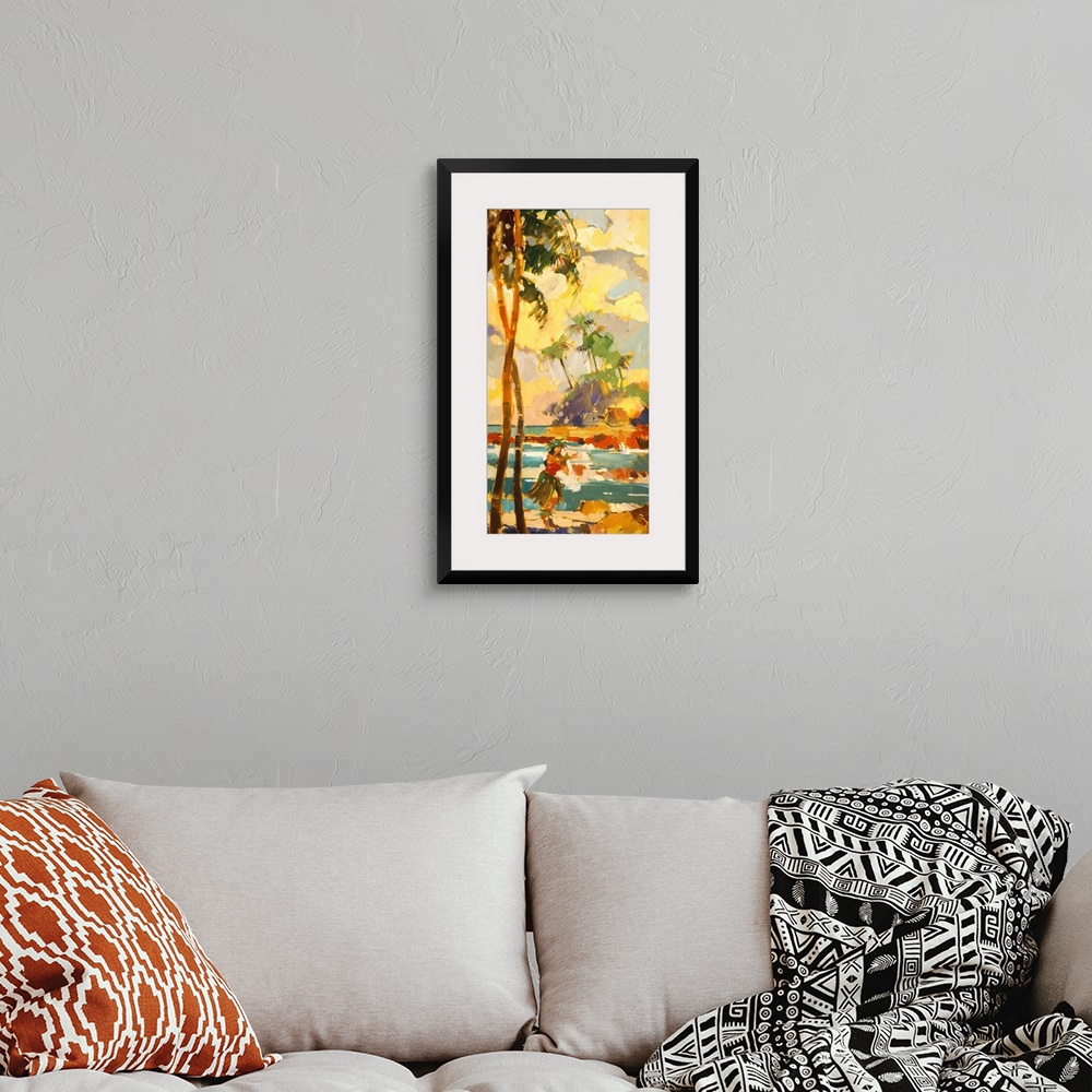 A bohemian room featuring Oversized vertical painting of a female Hawaiian dancer in a grass skirt, on the beach, standing ...