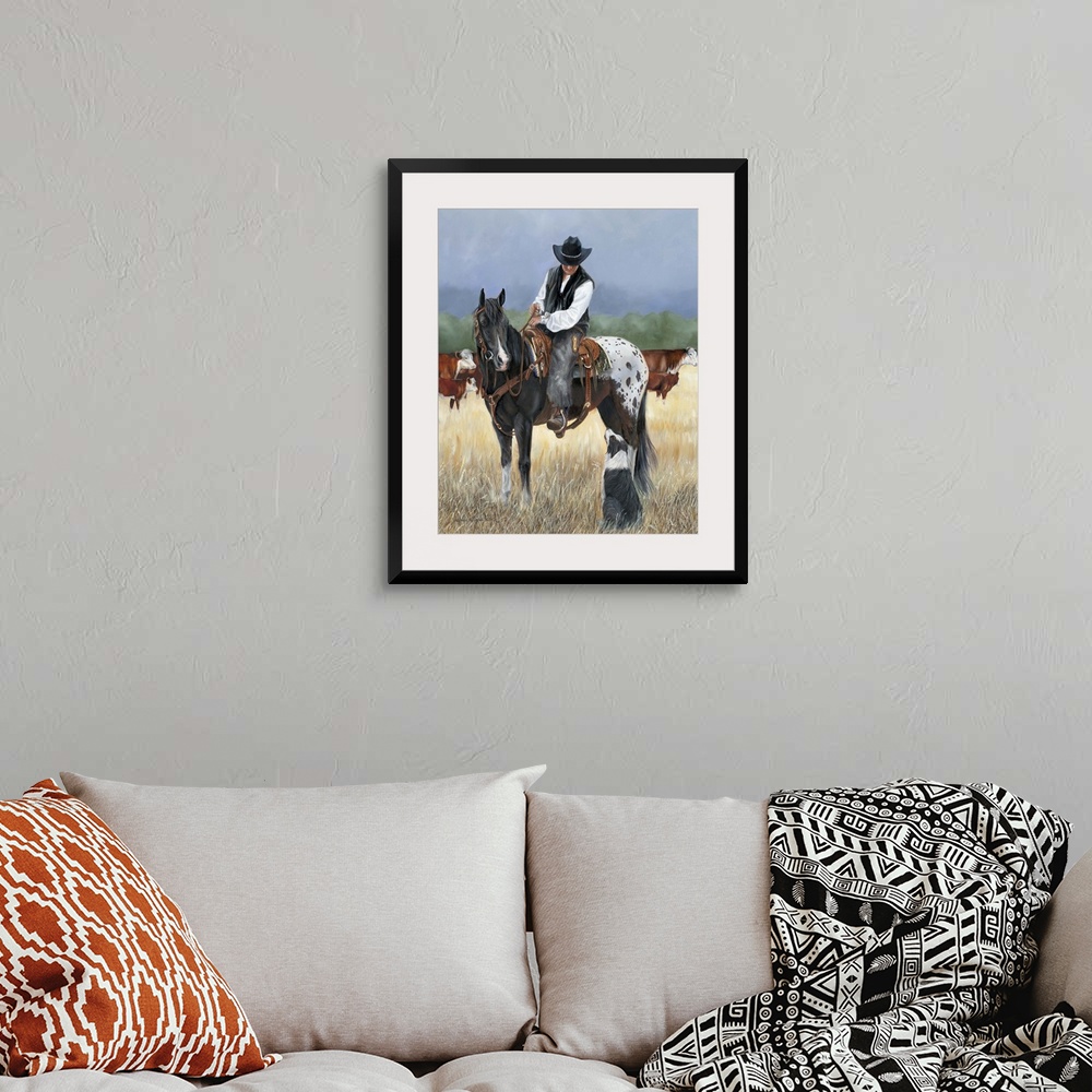 A bohemian room featuring Contemporary painting of a cowboy on horseback looking at a border collie dog.