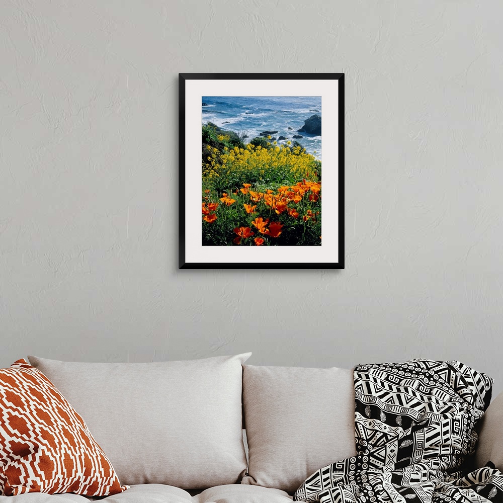 A bohemian room featuring Vertical photograph of florals growing on the top of a cliff overlooking the sea.