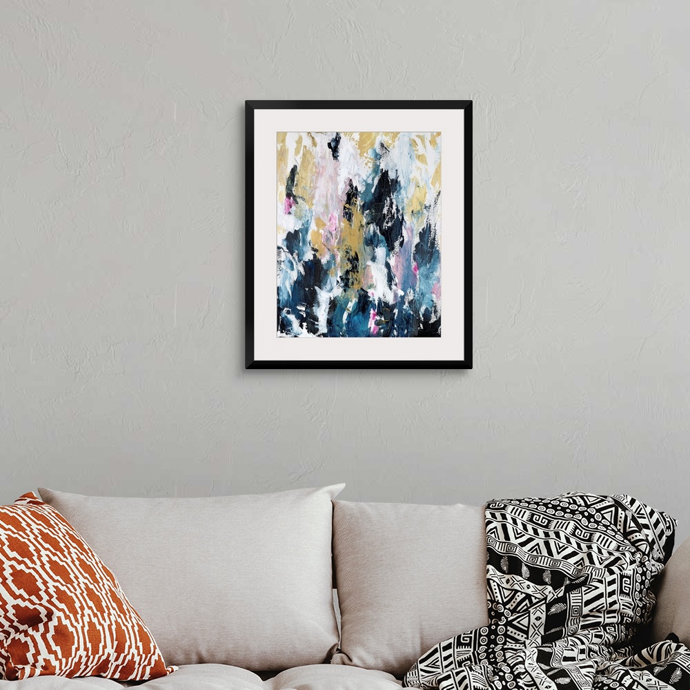 A bohemian room featuring Vertical complementary abstract in short, textured, vertical strokes of blue, pink and gold.