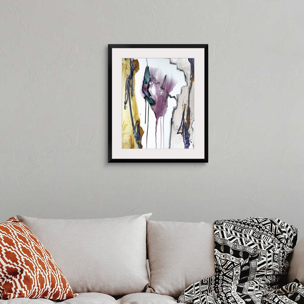 A bohemian room featuring Abstract painting in textured colors of yellow, purple and gray with outlines of black and vertic...