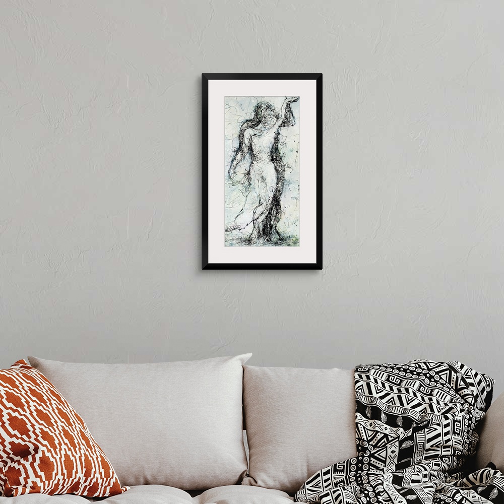 A bohemian room featuring Abstract figurative painting of a couple embracing, reminiscent of two statues in front of one an...