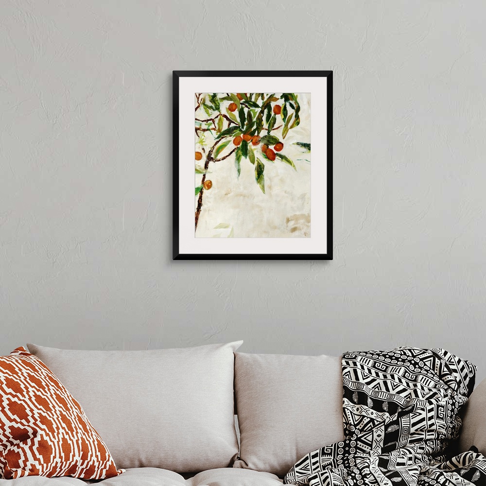 A bohemian room featuring Contemporary painting of a kumquat tree over a neutral background.
