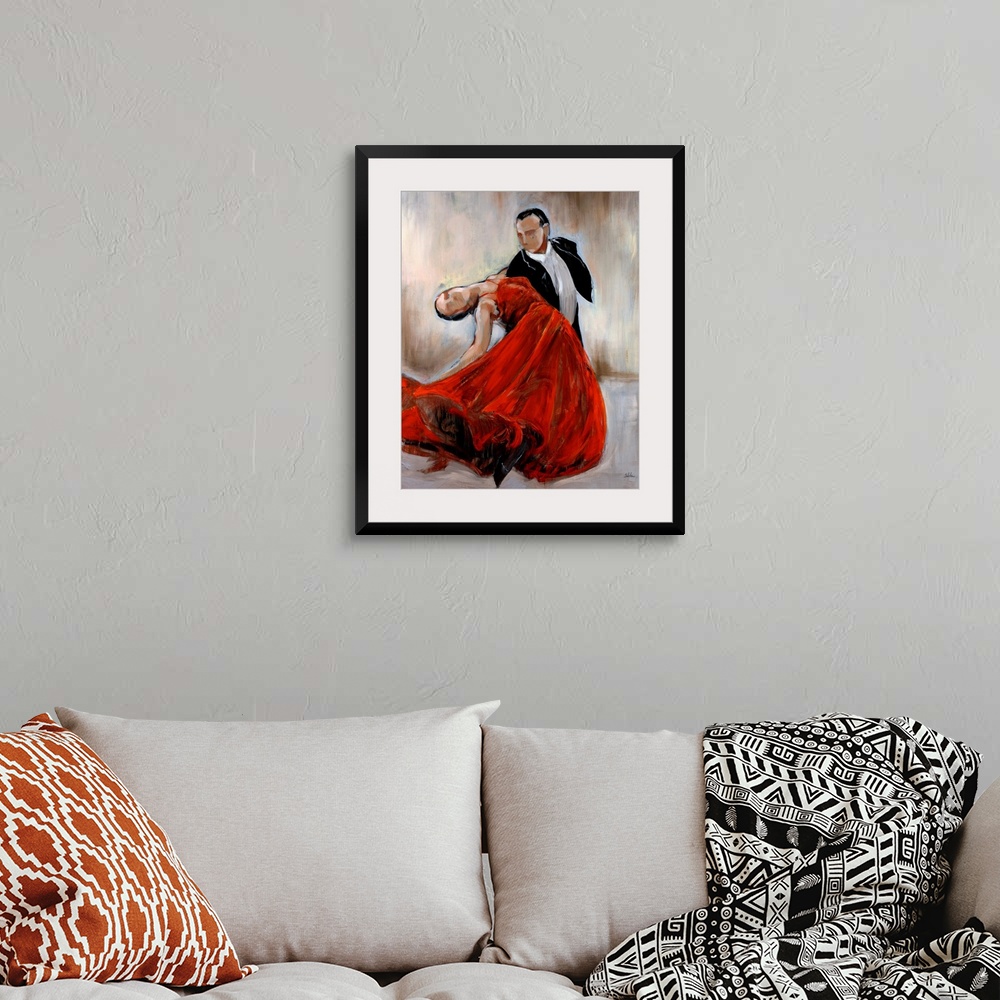 A bohemian room featuring Huge contemporary art depicts a man in a tuxedo dancing with a woman in a flowing bright dress wh...
