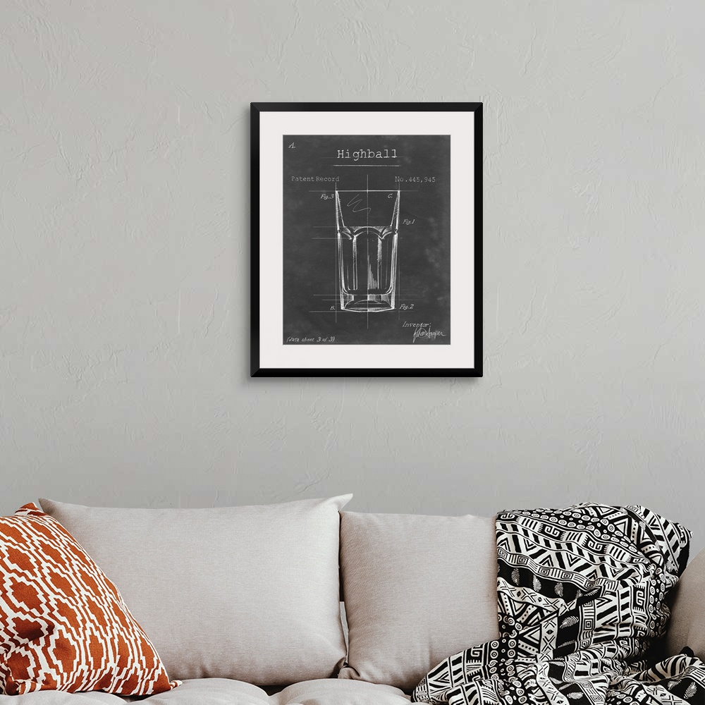 A bohemian room featuring Blueprint style artwork of a cocktail recipe perfect for a kitchen or home bar.