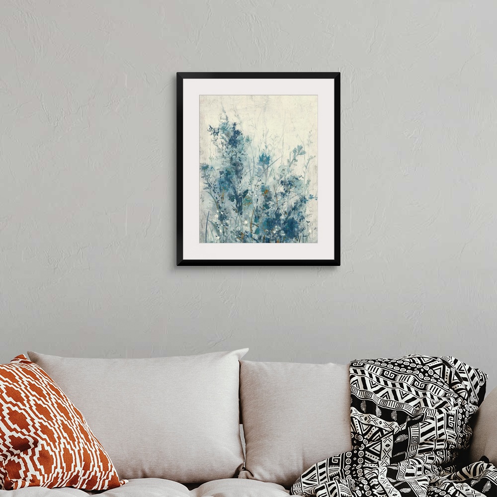A bohemian room featuring Vertical contemporary painting of a garden of spring flowers in different shades of blue.