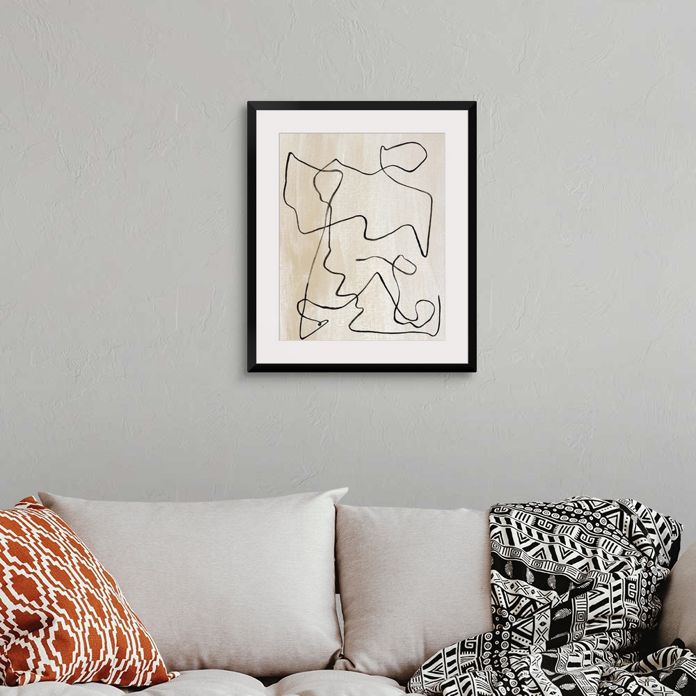 A bohemian room featuring Contemporary abstract painting of curved lines on a neutral background.