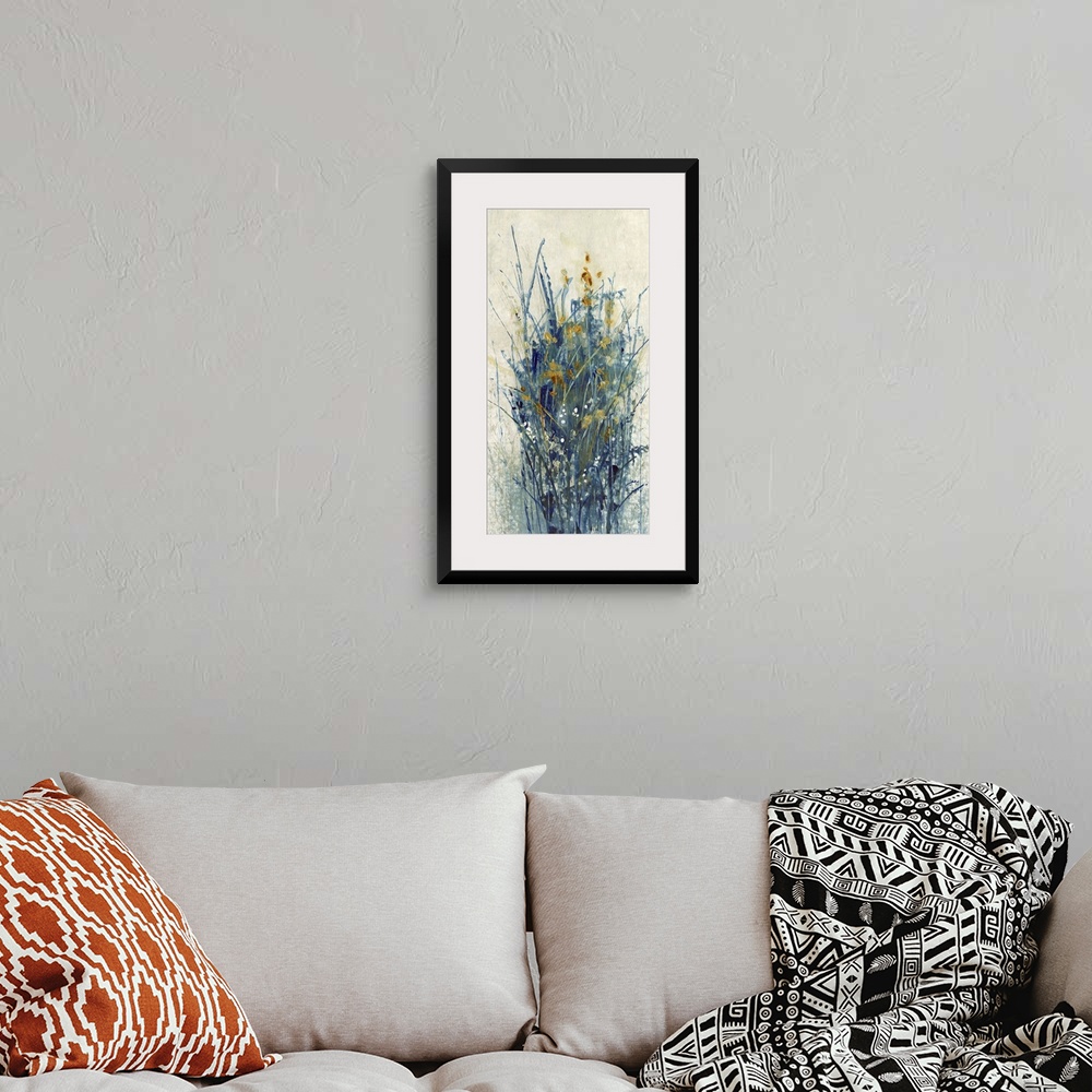 A bohemian room featuring Contemporary abstract artwork using dark cool tones in wispy line strokes creating what looks lik...