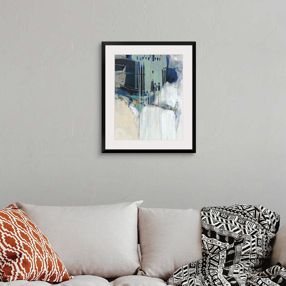 A bohemian room featuring Contemporary abstract painting in teal, navy, and neutral hues.