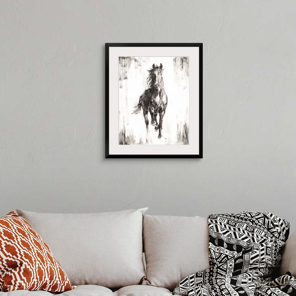 A bohemian room featuring Vertical painting of a running horse done if varies shades of gray and white with a rough brush s...