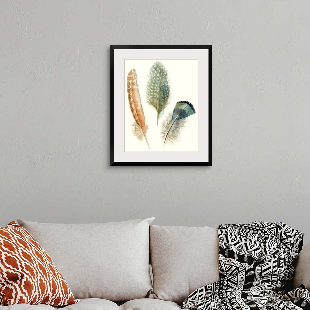 A bohemian room featuring Contemporary watercolor feather illustrations.