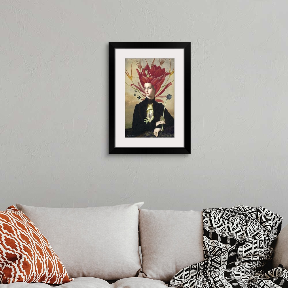 A bohemian room featuring Image of a woman with flowers for her hair.