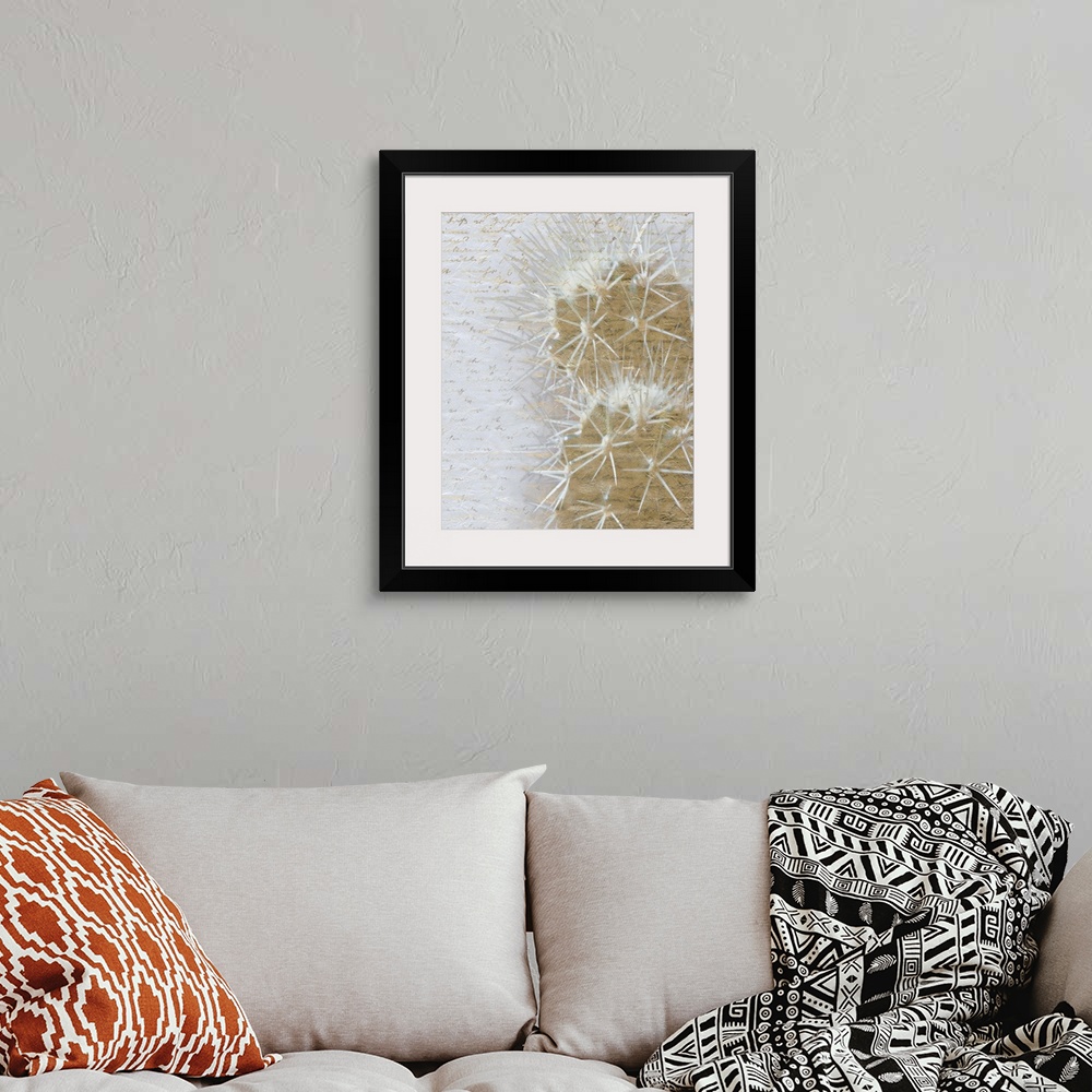 A bohemian room featuring Gold desert cactus on a white background with faint gold handwritten text.