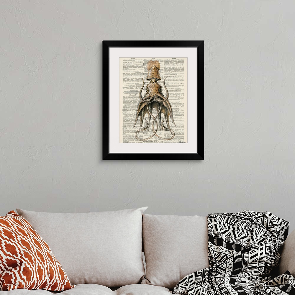 A bohemian room featuring Contemporary artistic use of a page from a dictionary with a scientific illustration of a squid o...
