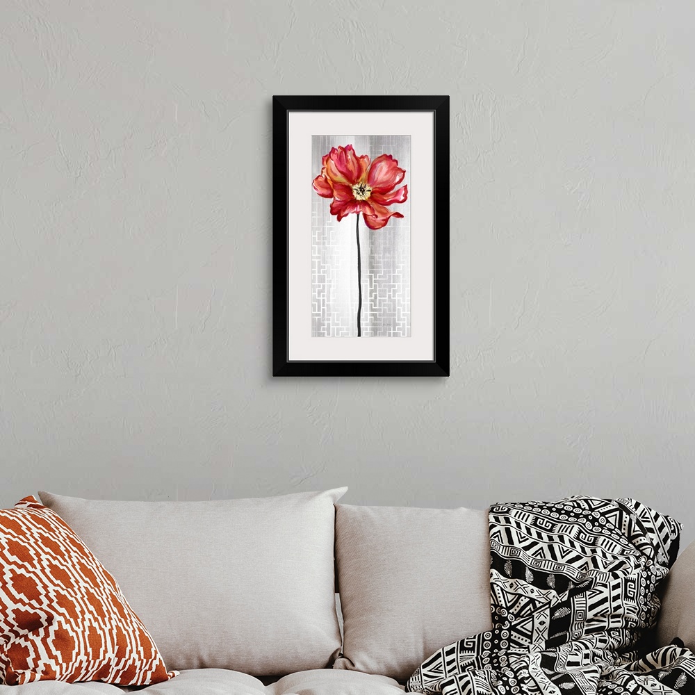 A bohemian room featuring Contemporary home decor art of a red flower against a silver patterned background.