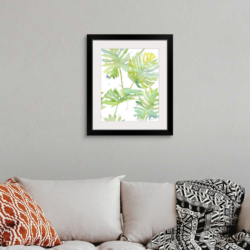 A bohemian room featuring Contemporary colorful tropical pal frond against a white background.