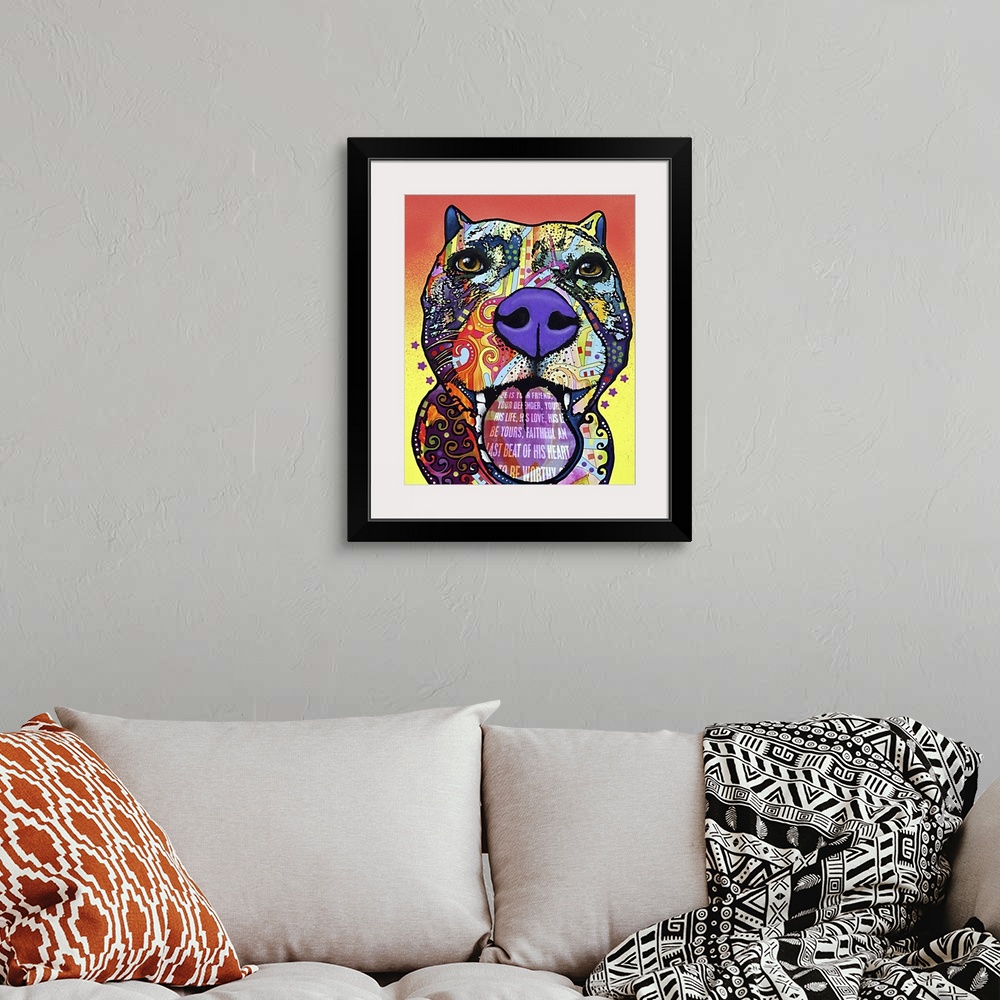 A bohemian room featuring Contemporary artwork of a dog's outline filled with several multicolored patterns with the text "...