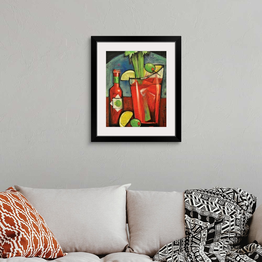 A bohemian room featuring Painting of alcoholic beverage garnished with celery, olives, and lemons next to a bottle of mix.