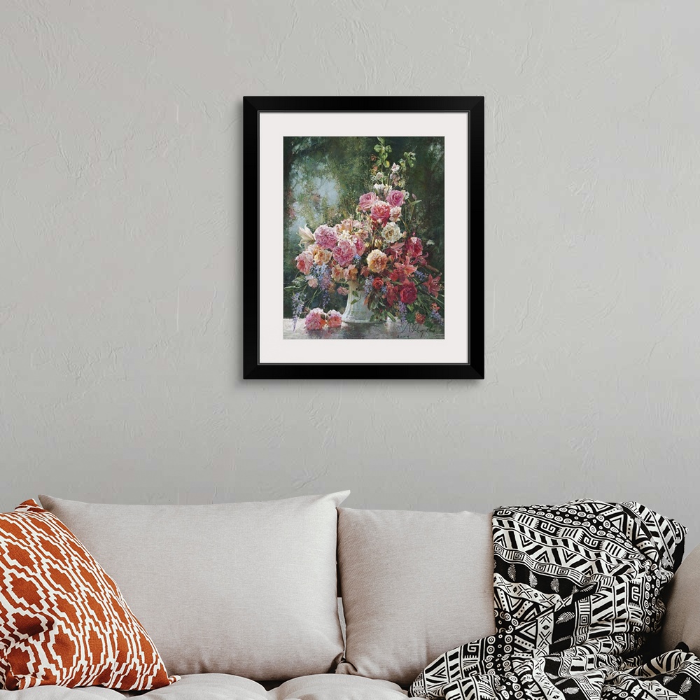 A bohemian room featuring Contemporary still-life painting of flowers.