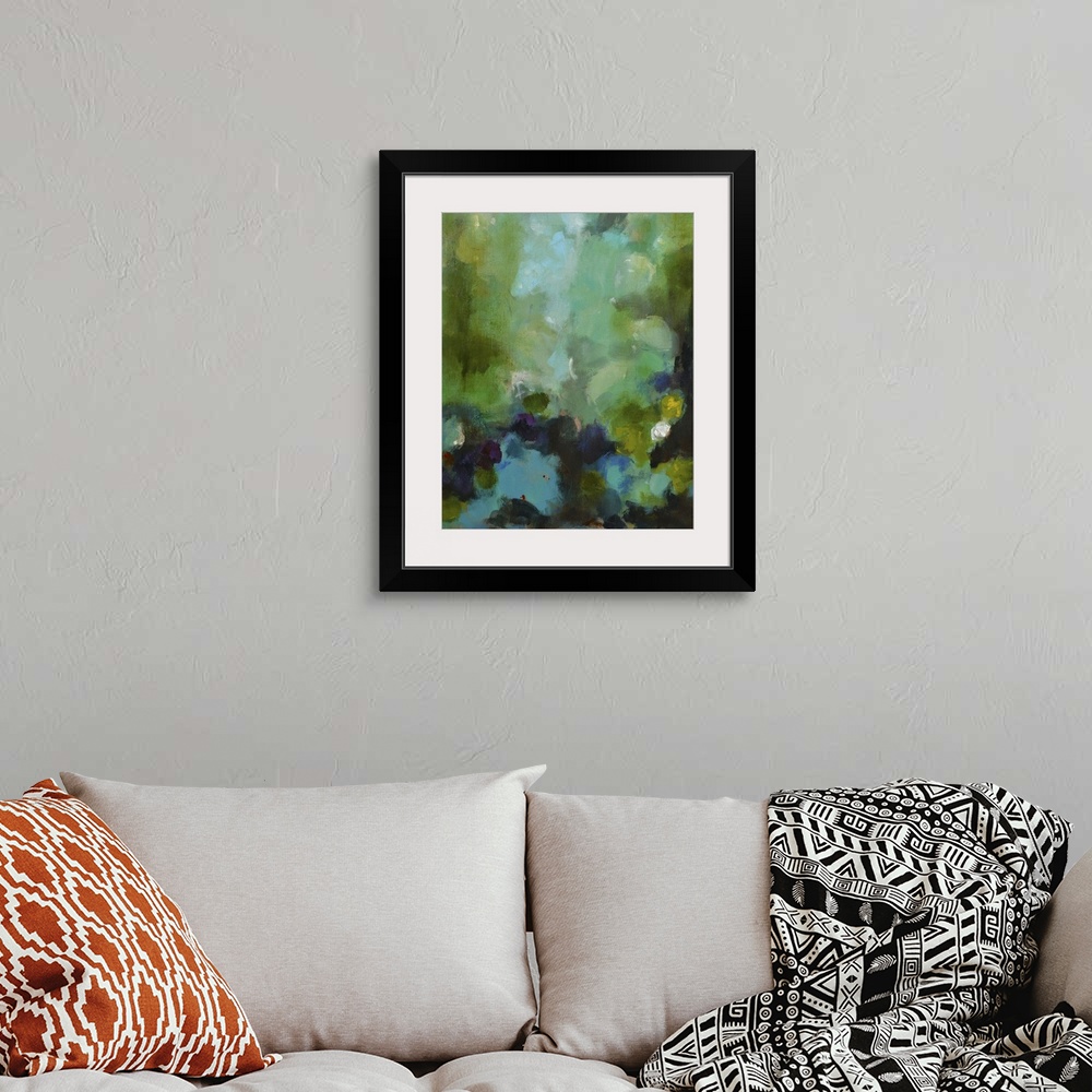 A bohemian room featuring Aqua toned abstract painting, reminiscent of a pond or garden.