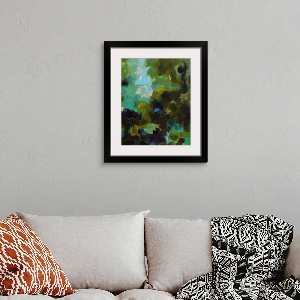 A bohemian room featuring Aqua toned abstract painting, reminiscent of a pond or garden.