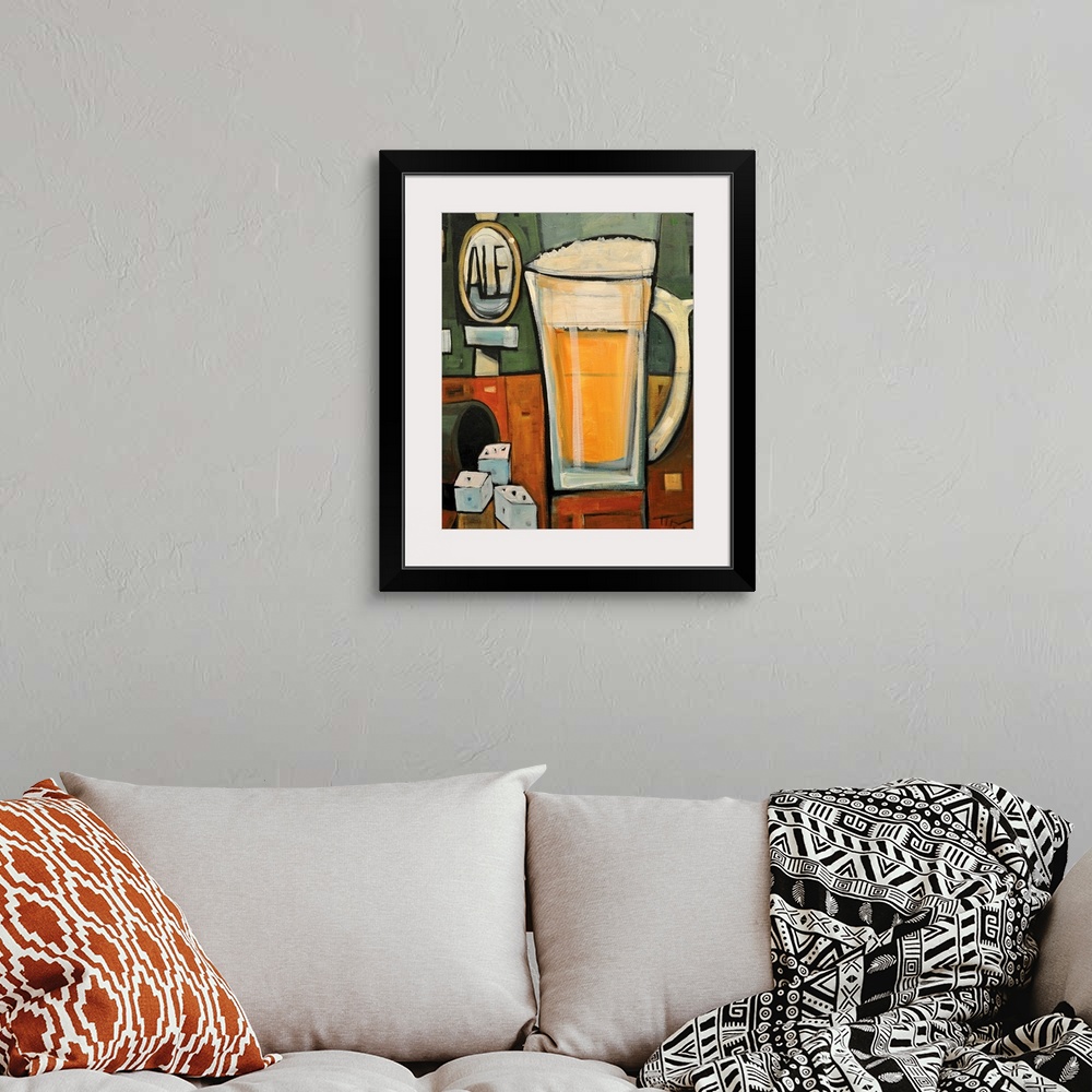 A bohemian room featuring Vertical, contemporary painting on a large wall hanging of a mug of beer sitting on a bar counter...