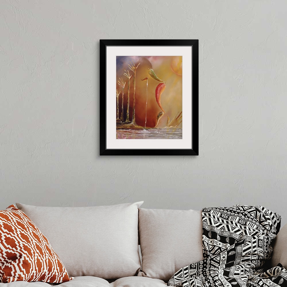 A bohemian room featuring Contemporary oil painting of water in the shape of four hands reaching upward.  Leaves falling do...