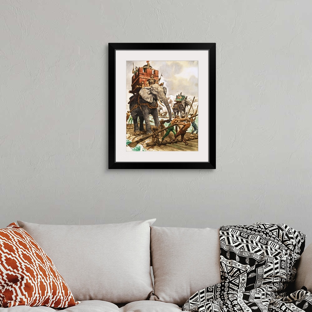 A bohemian room featuring The History of Our Wonderful World: Hannibal of Carthage. Hannibal and his elephants crossing a r...