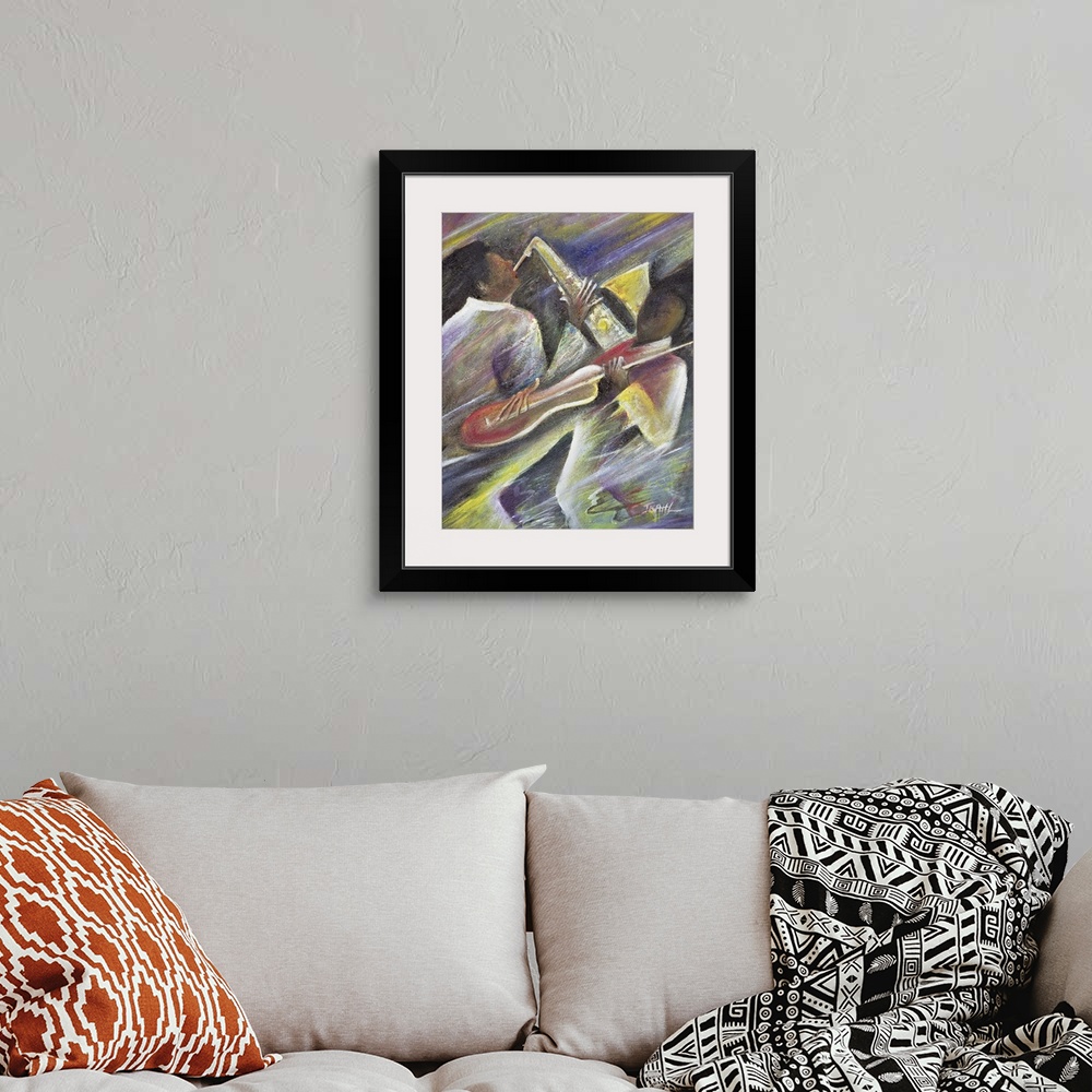 A bohemian room featuring A contemporary piece of artwork with a saxophone player and a cello player with pastel like color...