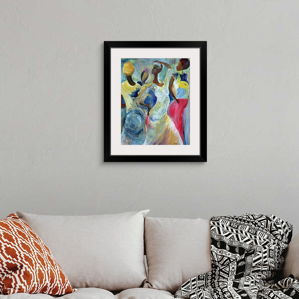 A bohemian room featuring A large vertical painting of four African American women who are dancing. The brush strokes are a...