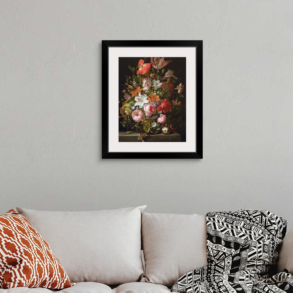 A bohemian room featuring BAL77032 Still life of roses, lilies, tulips and other flowers in a glass vase with a Brindled Be...