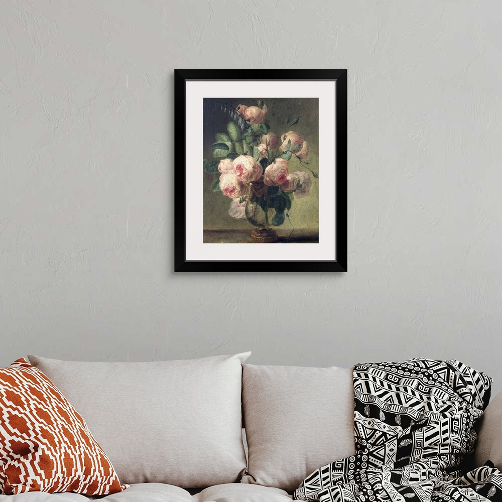 A bohemian room featuring This large oil painting is of pink roses coming out of an antique vase with a cracked texture ove...