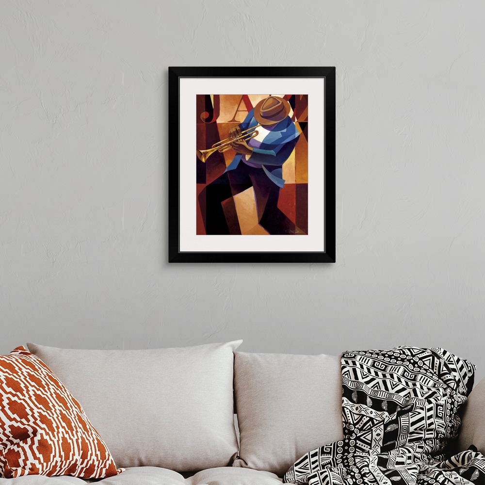A bohemian room featuring Contemporary painting of a jazz musician playing the trumpet.