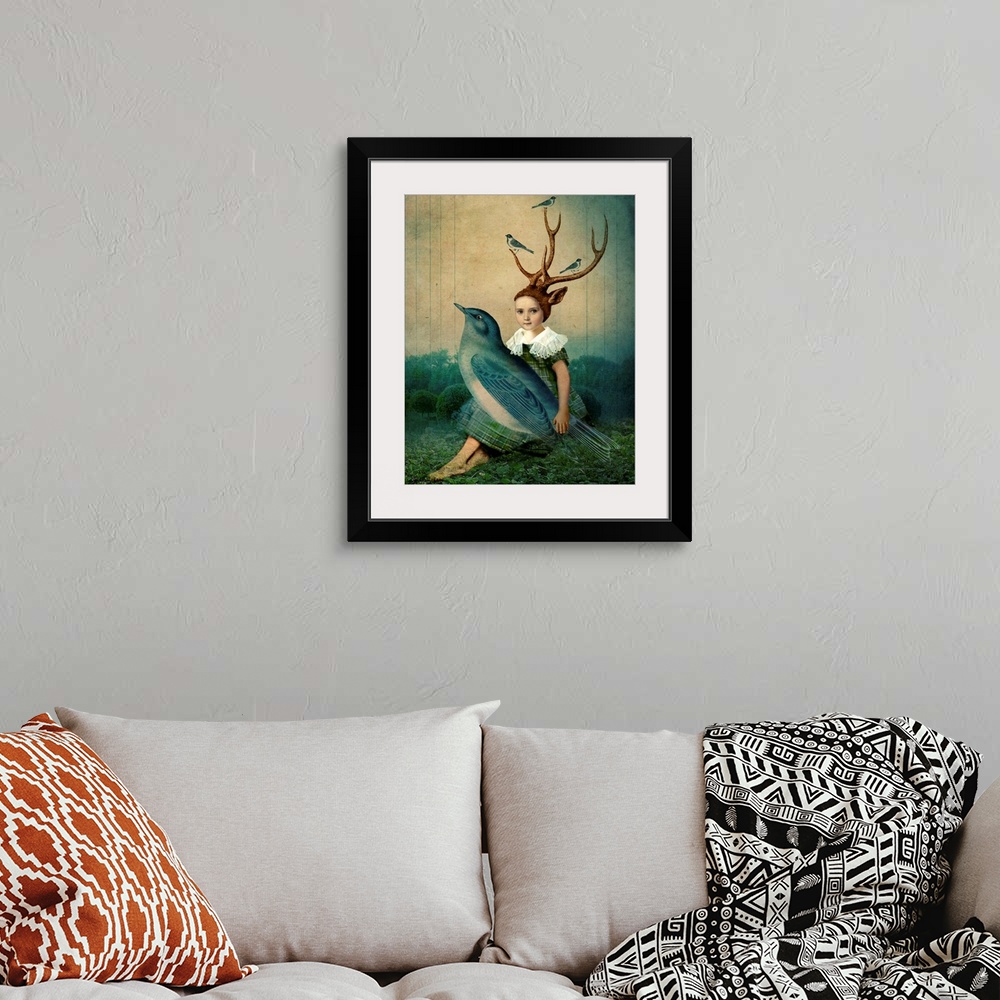 A bohemian room featuring A child with antlers holding a large blue bird in her lap.