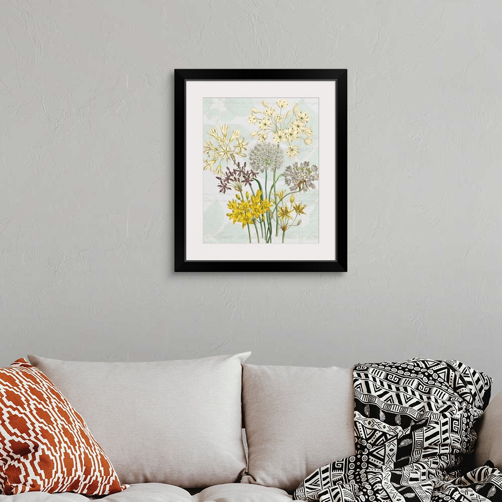 A bohemian room featuring Elegant botanical floral study adds a classic ambiance to any decor