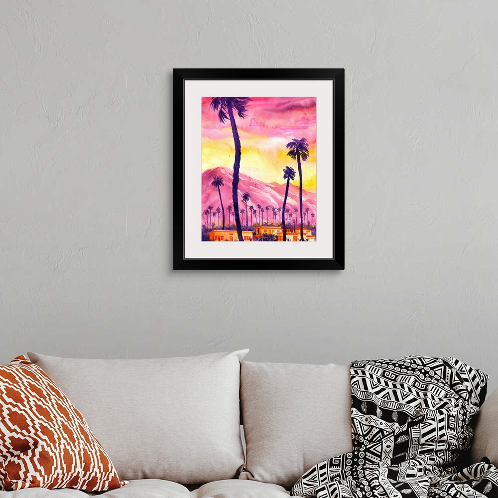 A bohemian room featuring Watercolor of an imagined view in Palm Springs. Showing the distinguishing features of the scener...