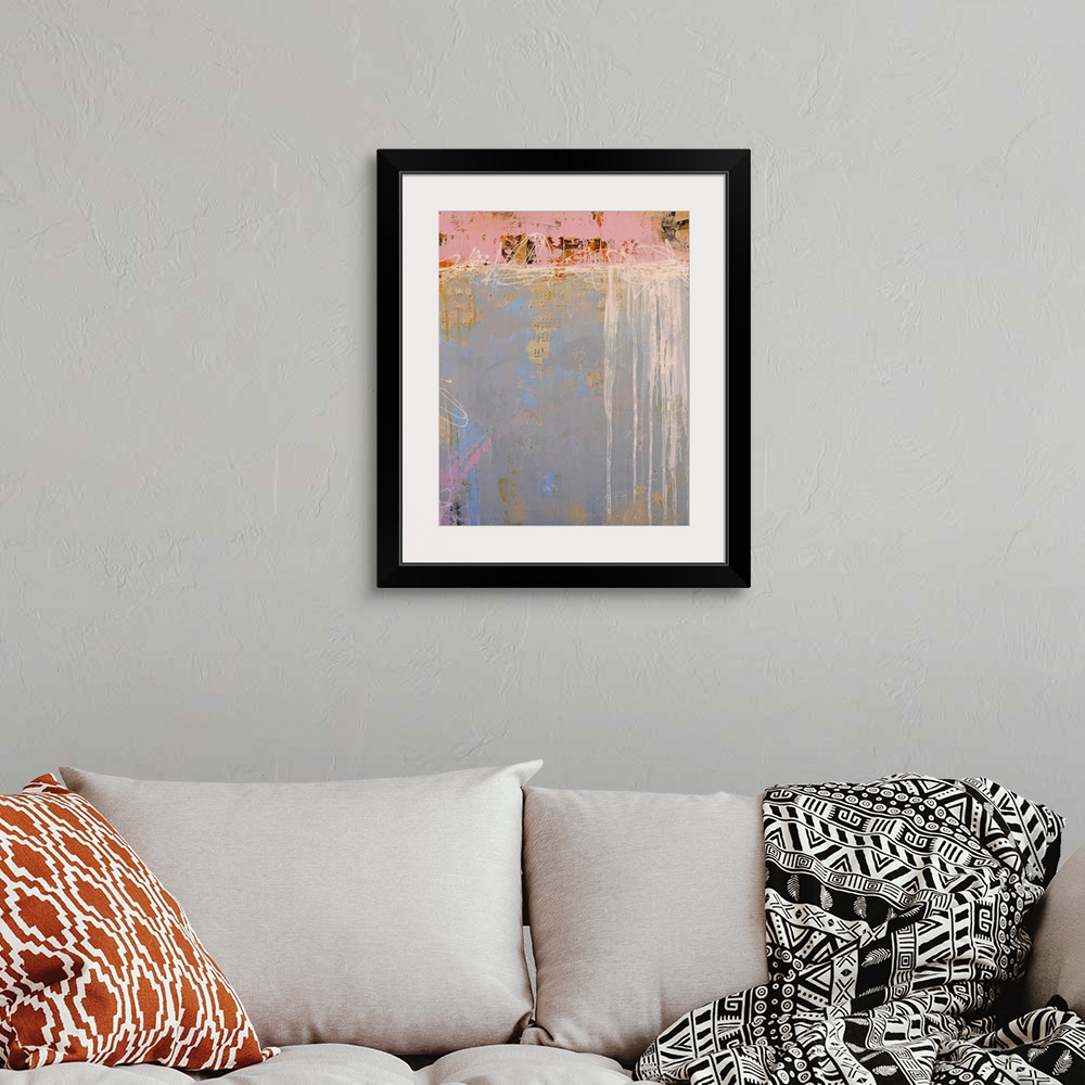 A bohemian room featuring Abstract painting of sheet music bleeding through cheerful paint colors.